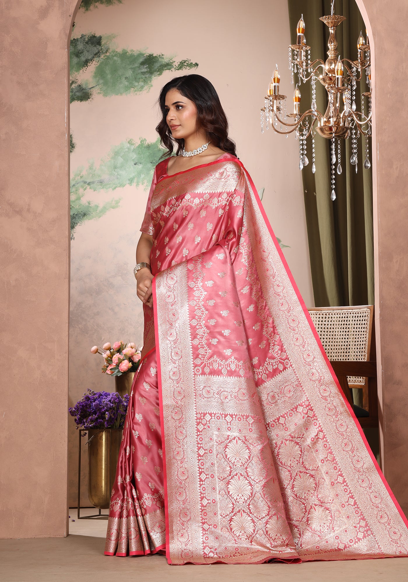 Satin Silk Zeri Saree Coral Pink Intricate Gold