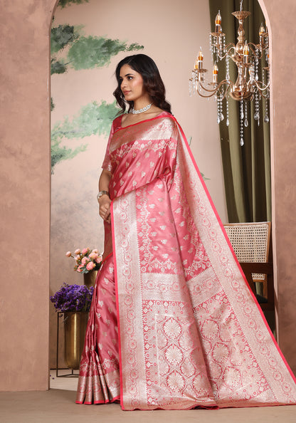 Satin Silk Zeri Saree Coral Pink Intricate Gold