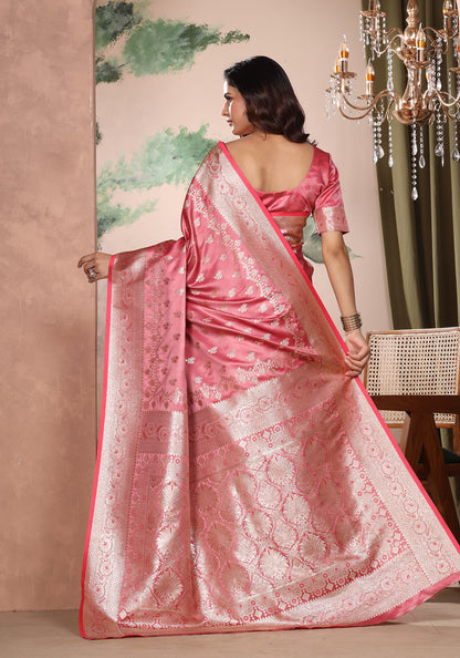 Satin Silk Zeri Saree Coral Pink Intricate Gold