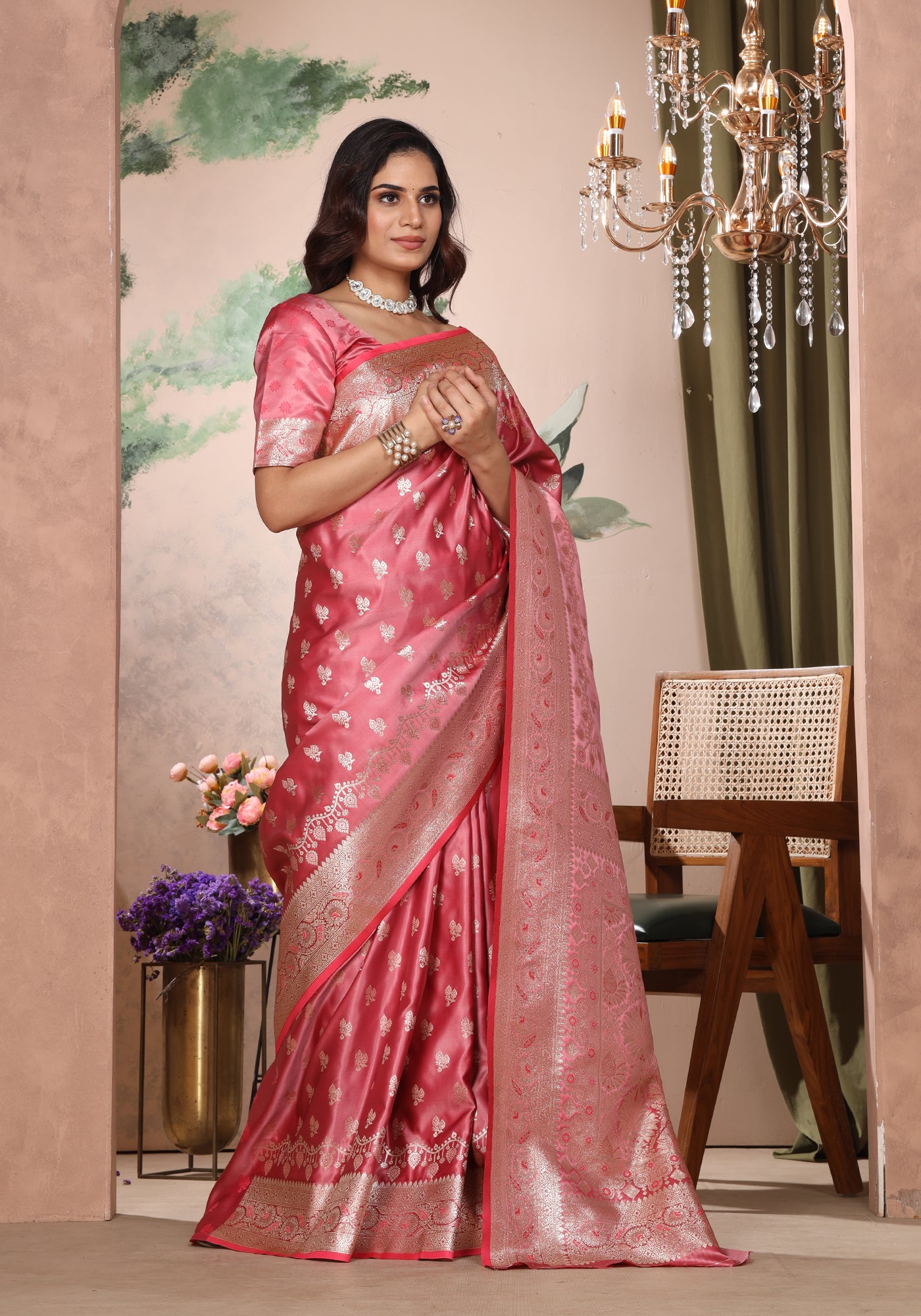 Satin Silk Zeri Saree Coral Pink Intricate Gold