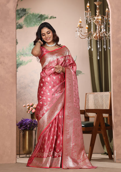 Satin Silk Zeri Saree Coral Pink Intricate Gold