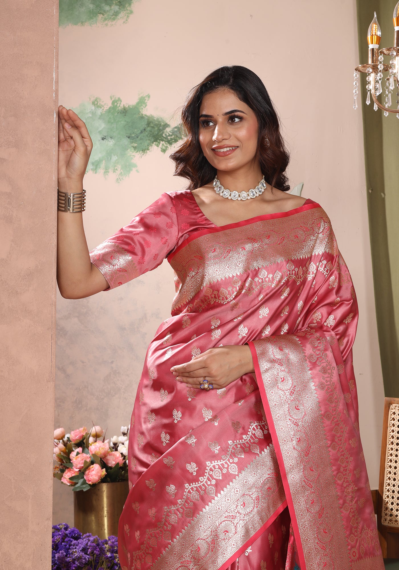 Satin Silk Zeri Saree Coral Pink Intricate Gold