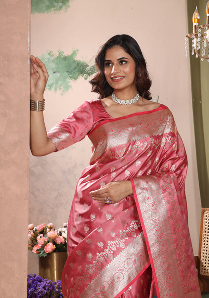 Satin Silk Zeri Saree Coral Pink Intricate Gold