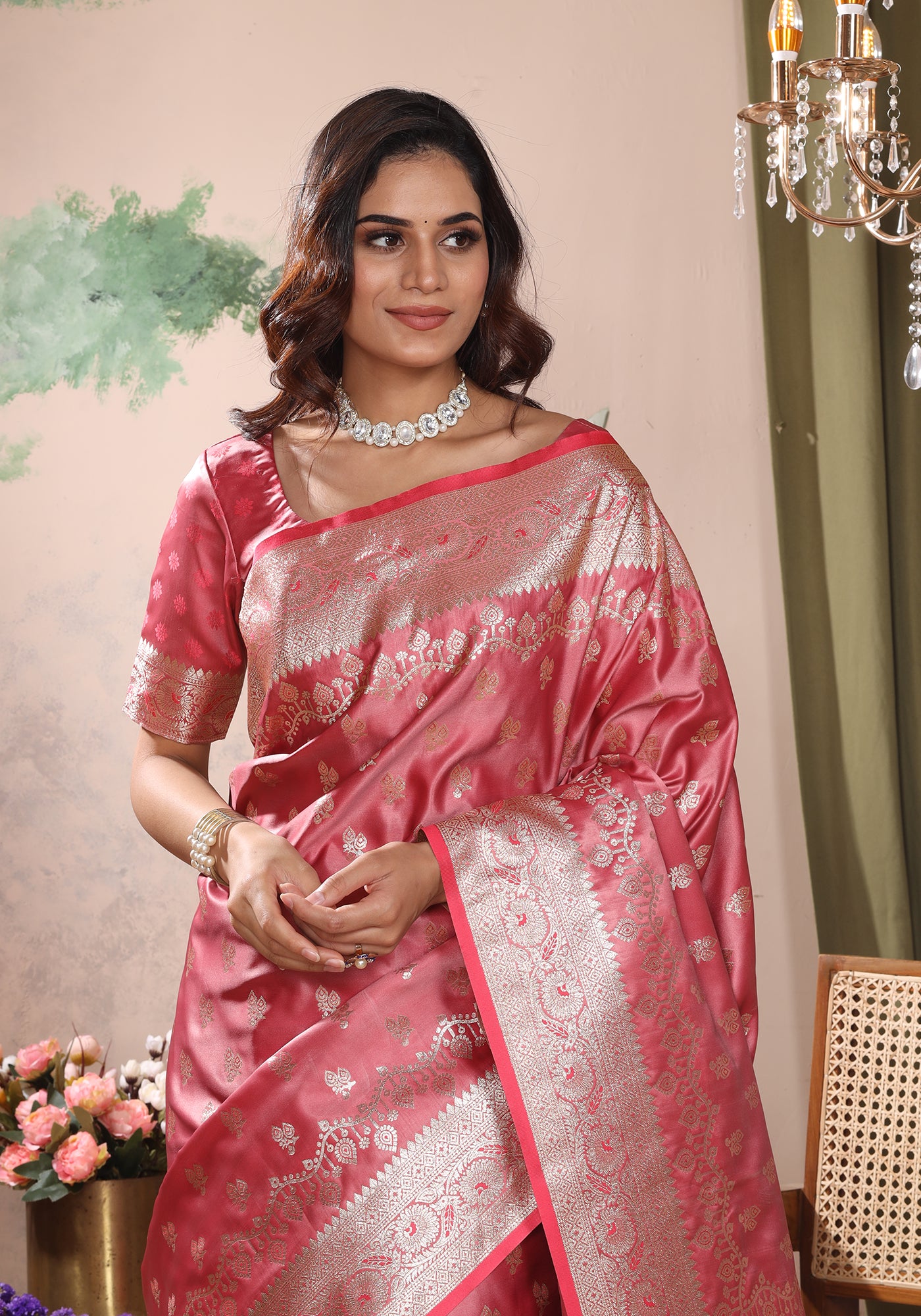 Satin Silk Zeri Saree Coral Pink Intricate Gold