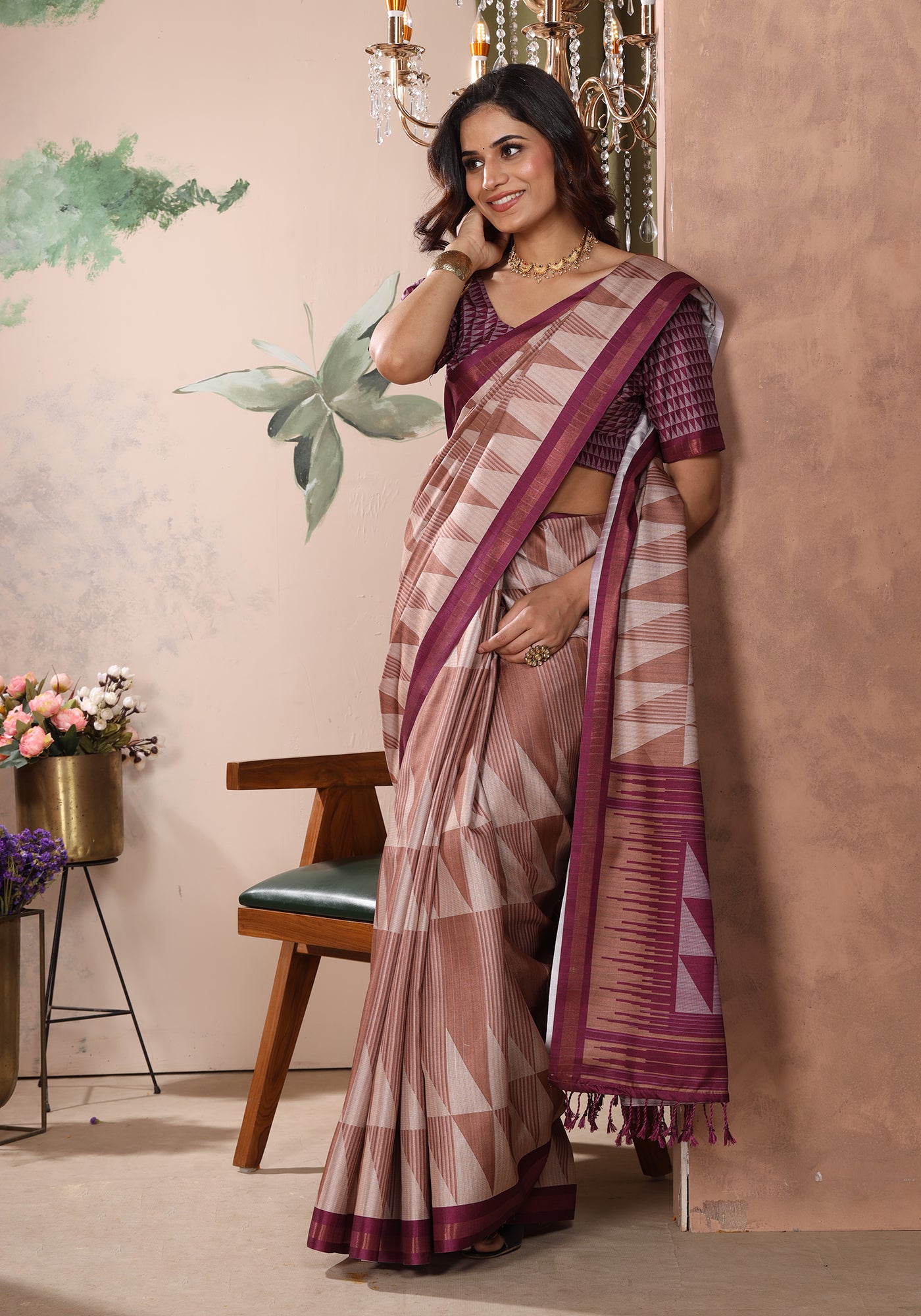 Fancy Saree Deep Plum & Wine Geometric