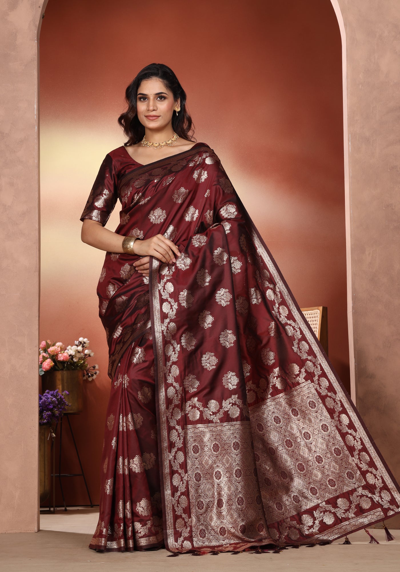 Satin Silk Pallu Saree Deep Maroon Gold Buti