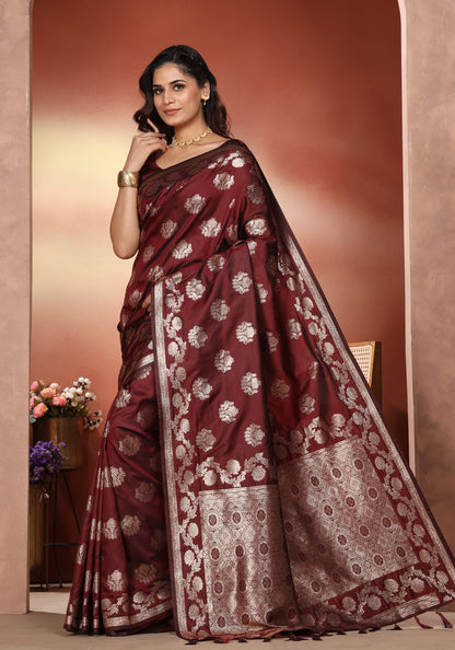 Satin Silk Pallu Saree Deep Maroon Gold Buti