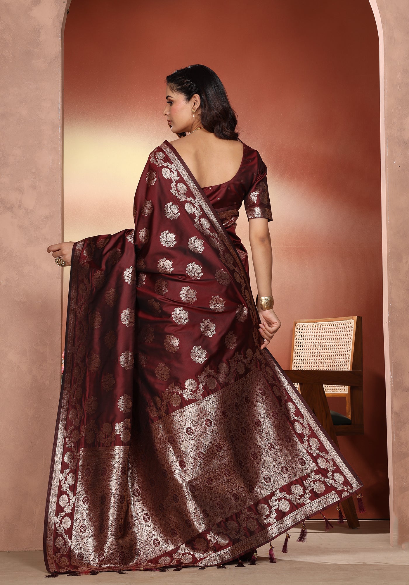 Satin Silk Pallu Saree Deep Maroon Gold Buti