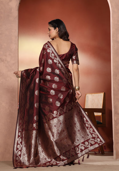 Satin Silk Pallu Saree Deep Maroon Gold Buti