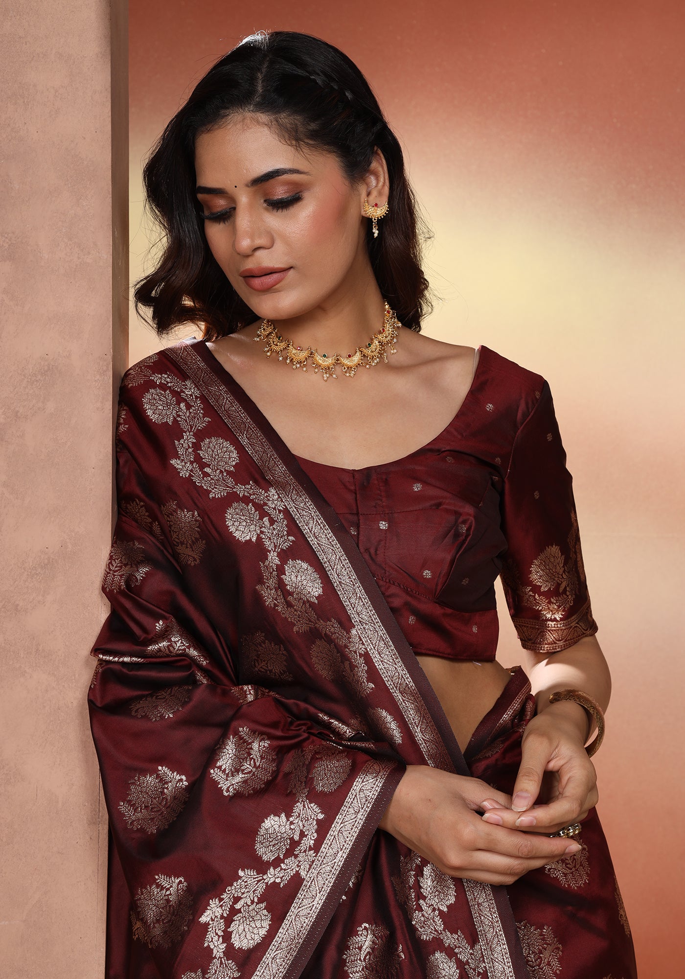 Satin Silk Pallu Saree Deep Maroon Gold Buti
