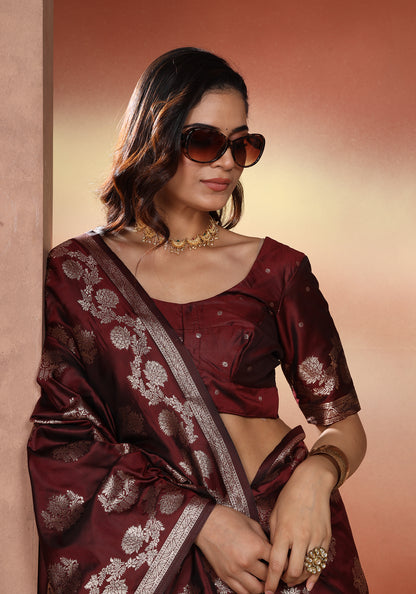 Satin Silk Pallu Saree Deep Maroon Gold Buti