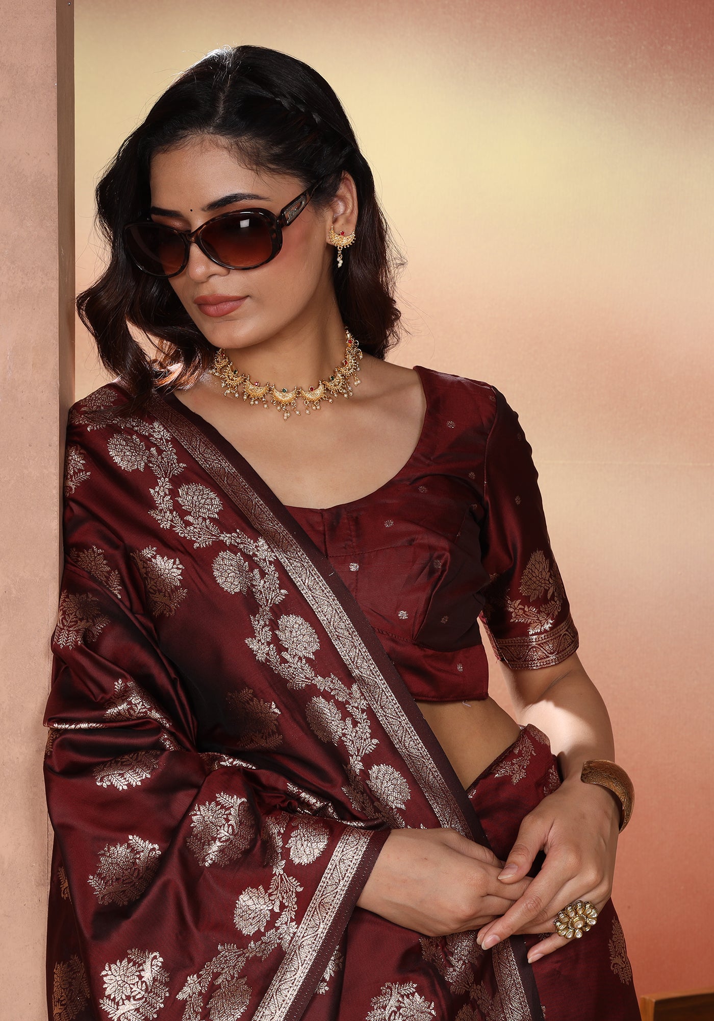 Satin Silk Pallu Saree Deep Maroon Gold Buti