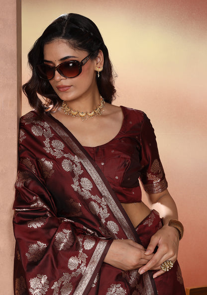 Satin Silk Pallu Saree Deep Maroon Gold Buti