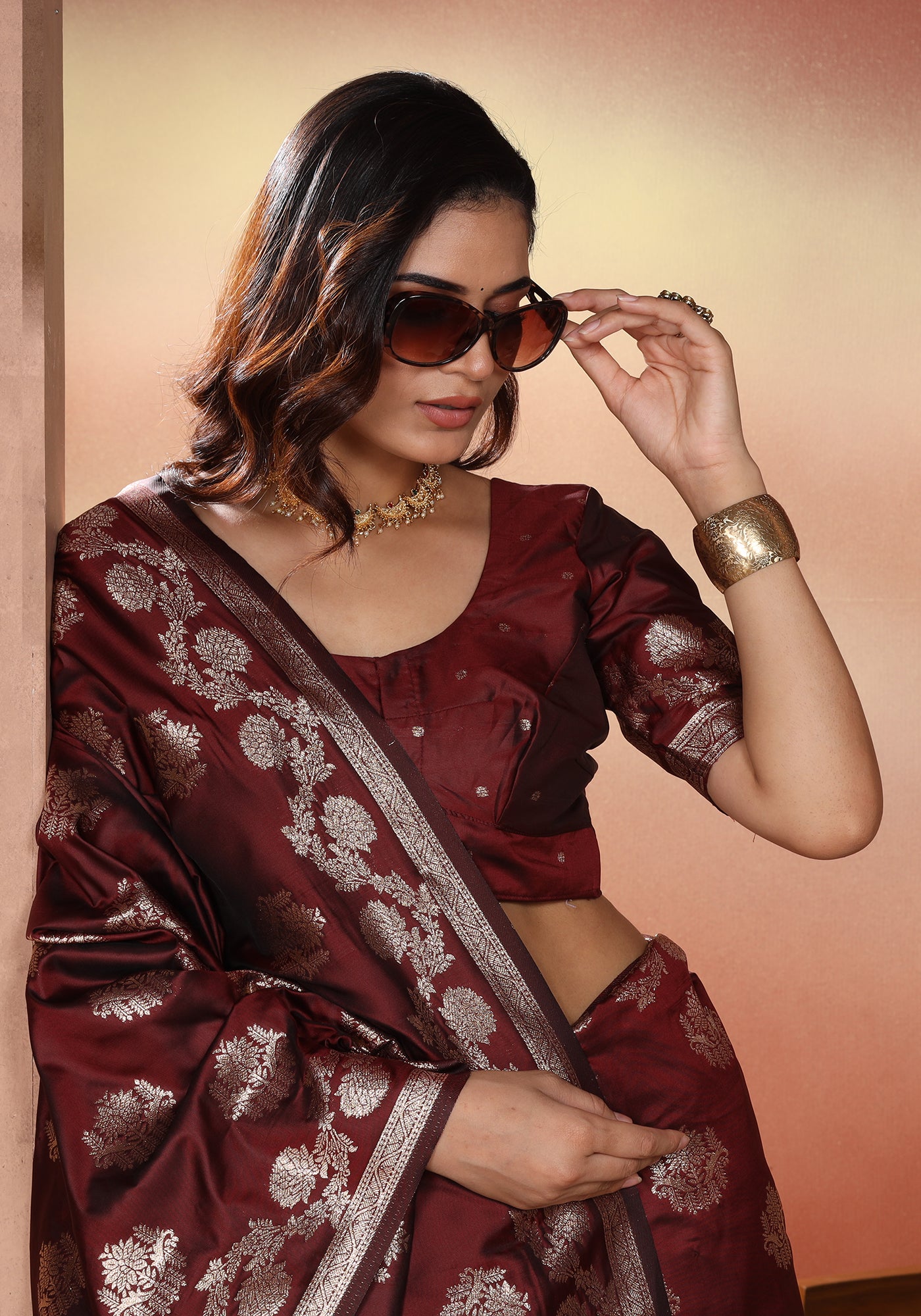 Satin Silk Pallu Saree Deep Maroon Gold Buti