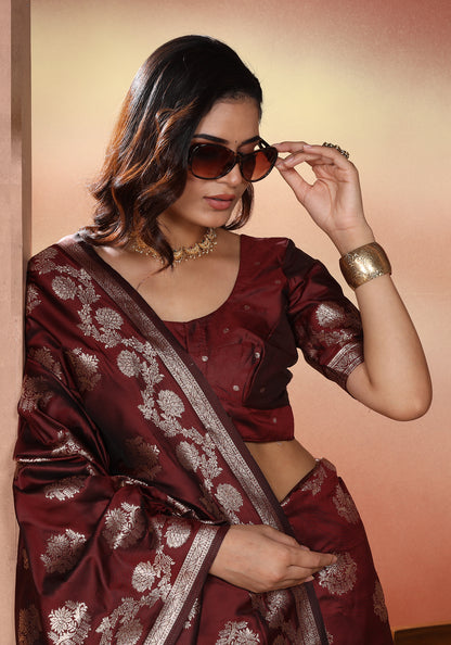 Satin Silk Pallu Saree Deep Maroon Gold Buti