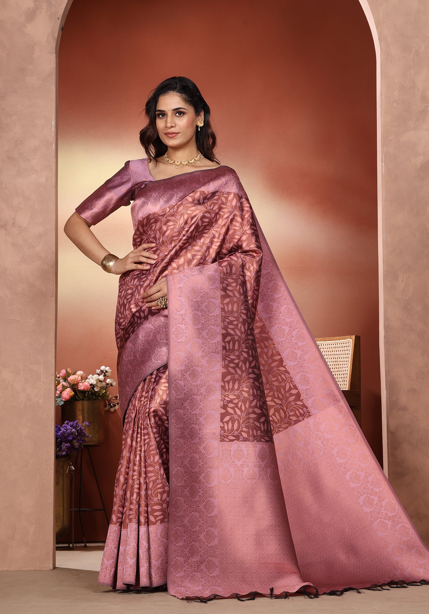 Art Silk Saree Golden Cream Rose Floral