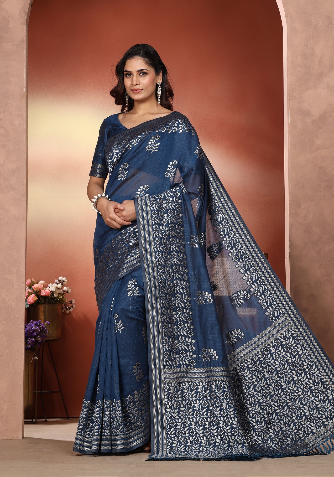 Bhagalpuri Tissue Silk Saree Steel Blue Silver Thread Work