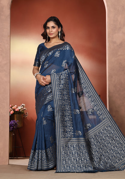 Bhagalpuri Tissue Silk Saree Steel Blue Silver Thread Work