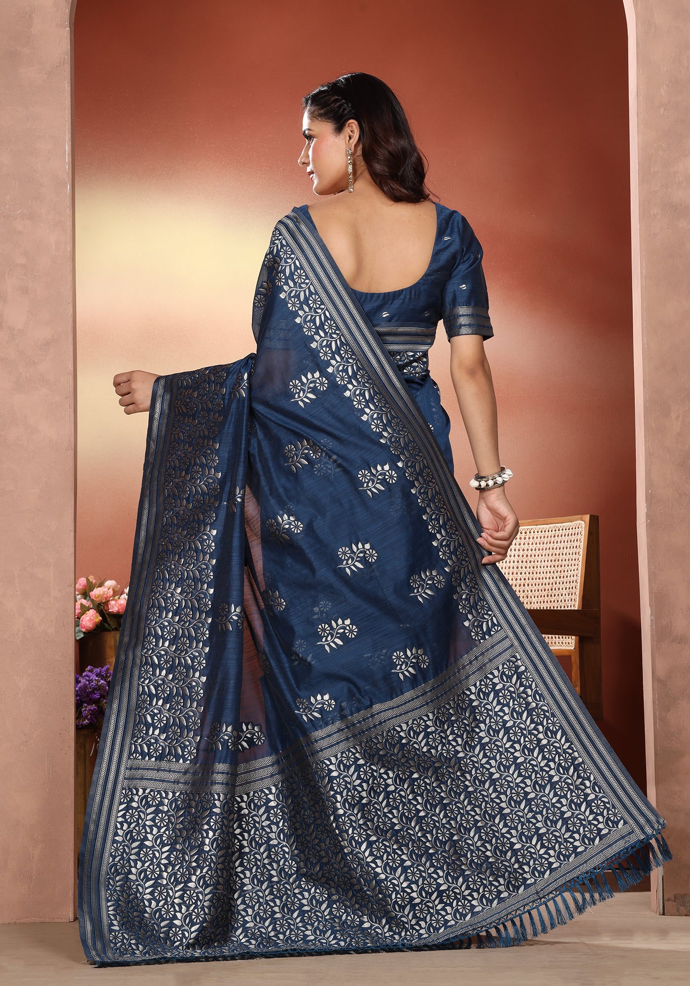 Bhagalpuri Tissue Silk Saree Steel Blue Silver Thread Work