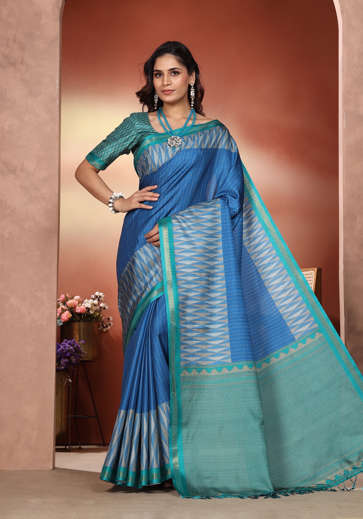 Fancy Saree Royal Blue & Teal Ikat