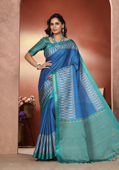 Fancy Saree Royal Blue & Teal Ikat