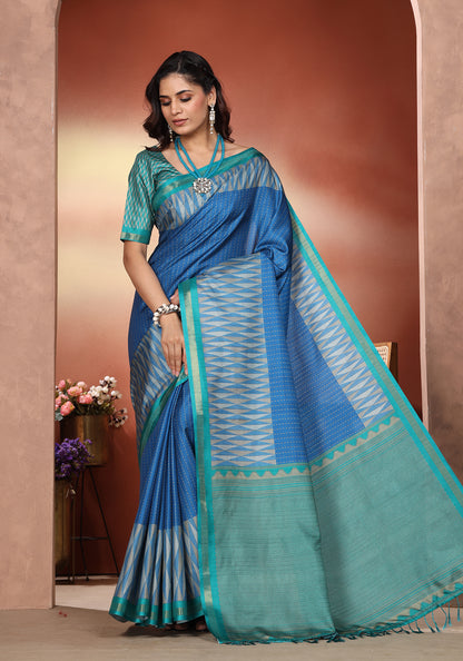 Fancy Saree Royal Blue & Teal Ikat