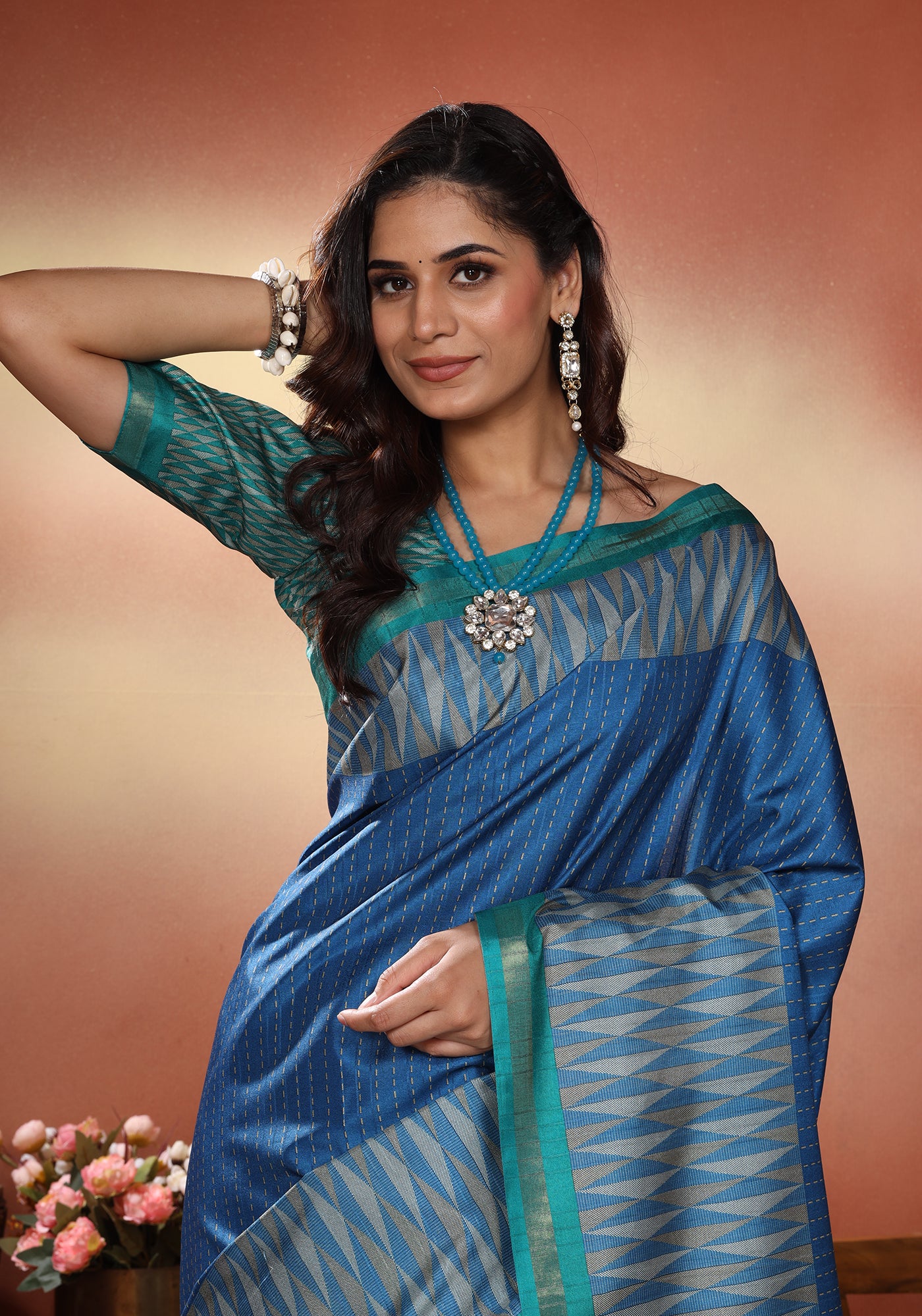 Fancy Saree Royal Blue & Teal Ikat
