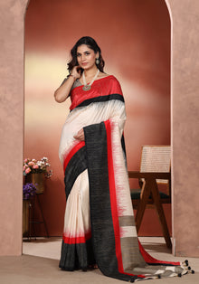 Dola Silk Saree Bold Stripe White Red & Black