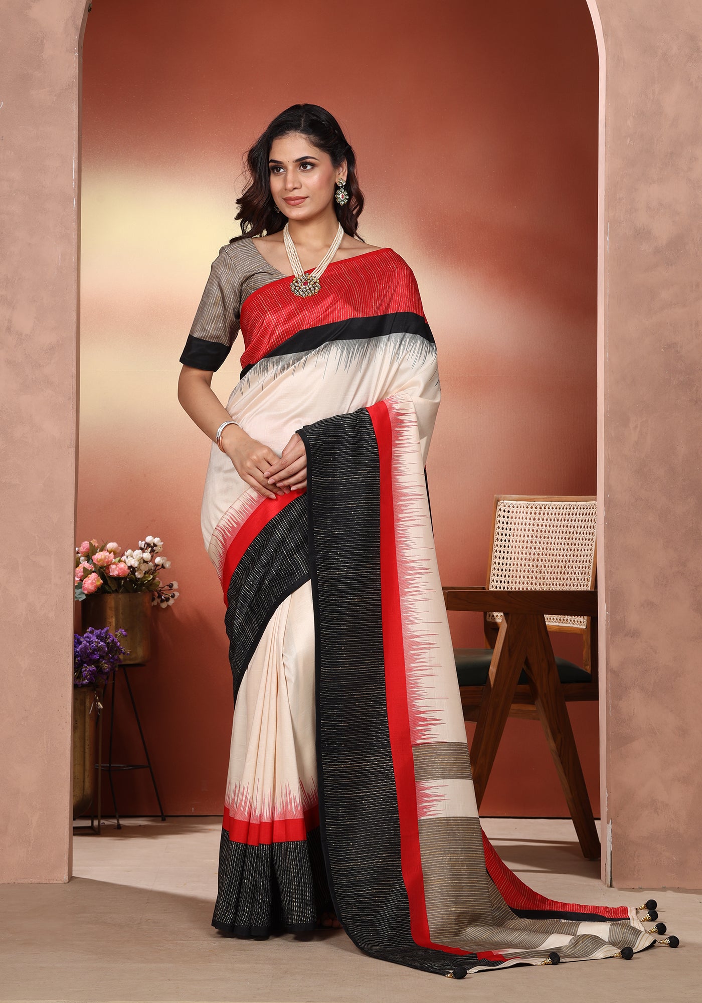 Dola Silk Saree Bold Stripe White Red & Black