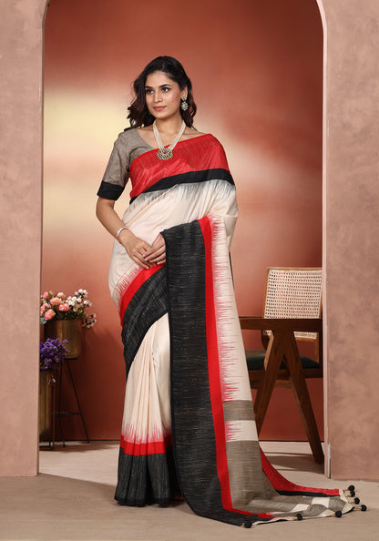 Dola Silk Saree Bold Stripe White Red & Black