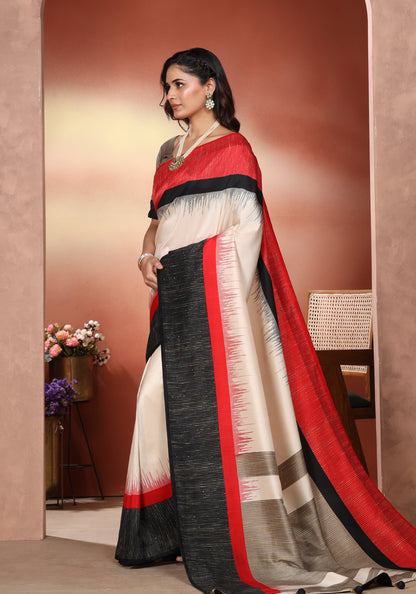 Dola Silk Saree Bold Stripe White Red & Black
