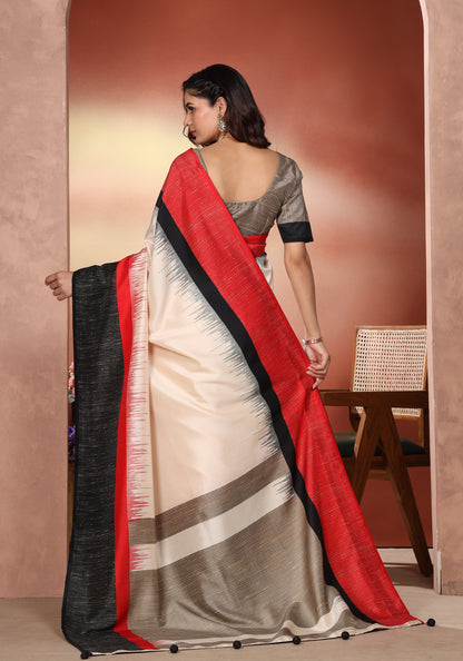Dola Silk Saree Bold Stripe White Red & Black