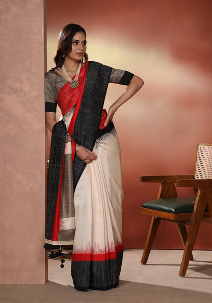 Dola Silk Saree Bold Stripe White Red & Black