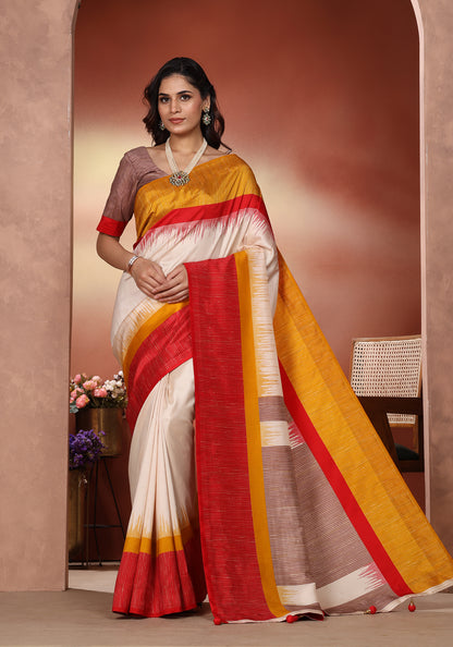 Dola Silk Saree Red Yellow Colour Block