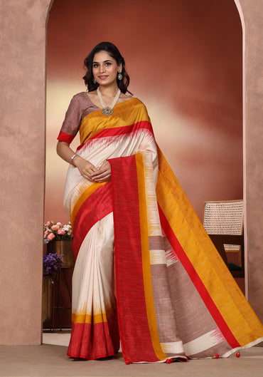 Dola Silk Saree Red Yellow Colour Block