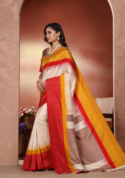 Dola Silk Saree Red Yellow Colour Block