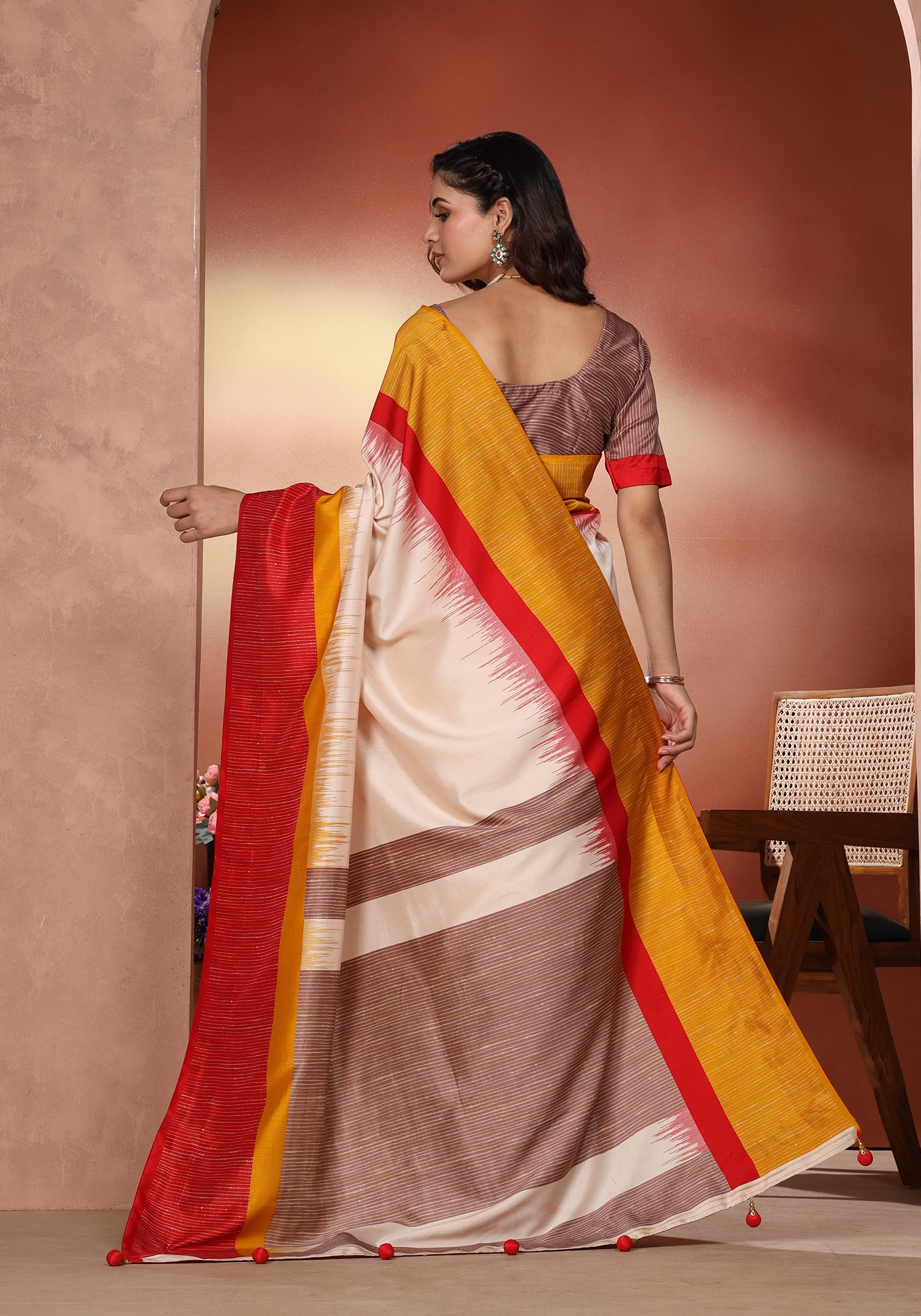 Dola Silk Saree Red Yellow Colour Block