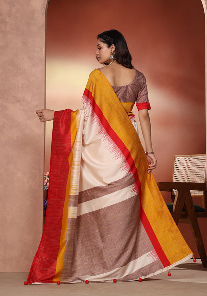 Dola Silk Saree Red Yellow Colour Block