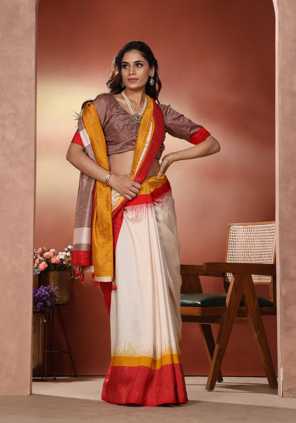 Dola Silk Saree Red Yellow Colour Block