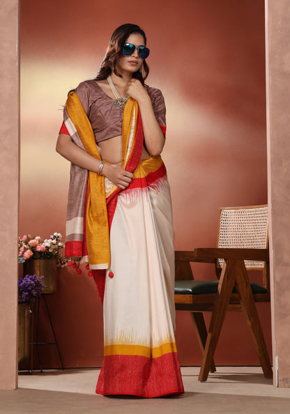 Dola Silk Saree Red Yellow Colour Block