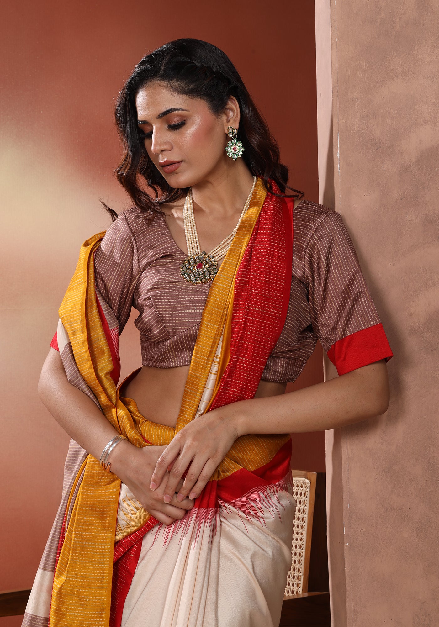 Dola Silk Saree Red Yellow Colour Block