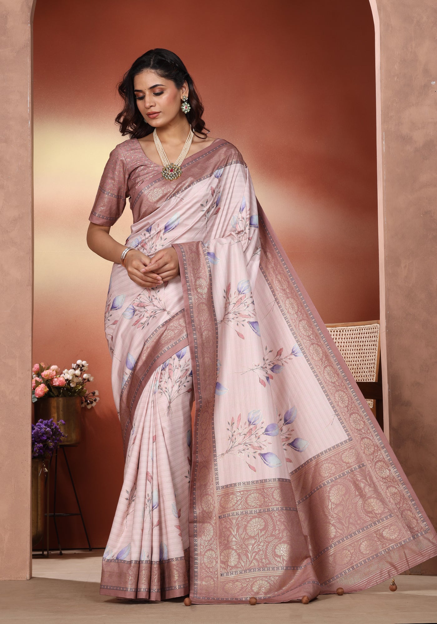 Dola Silk Saree Blush Beige Botanical Print