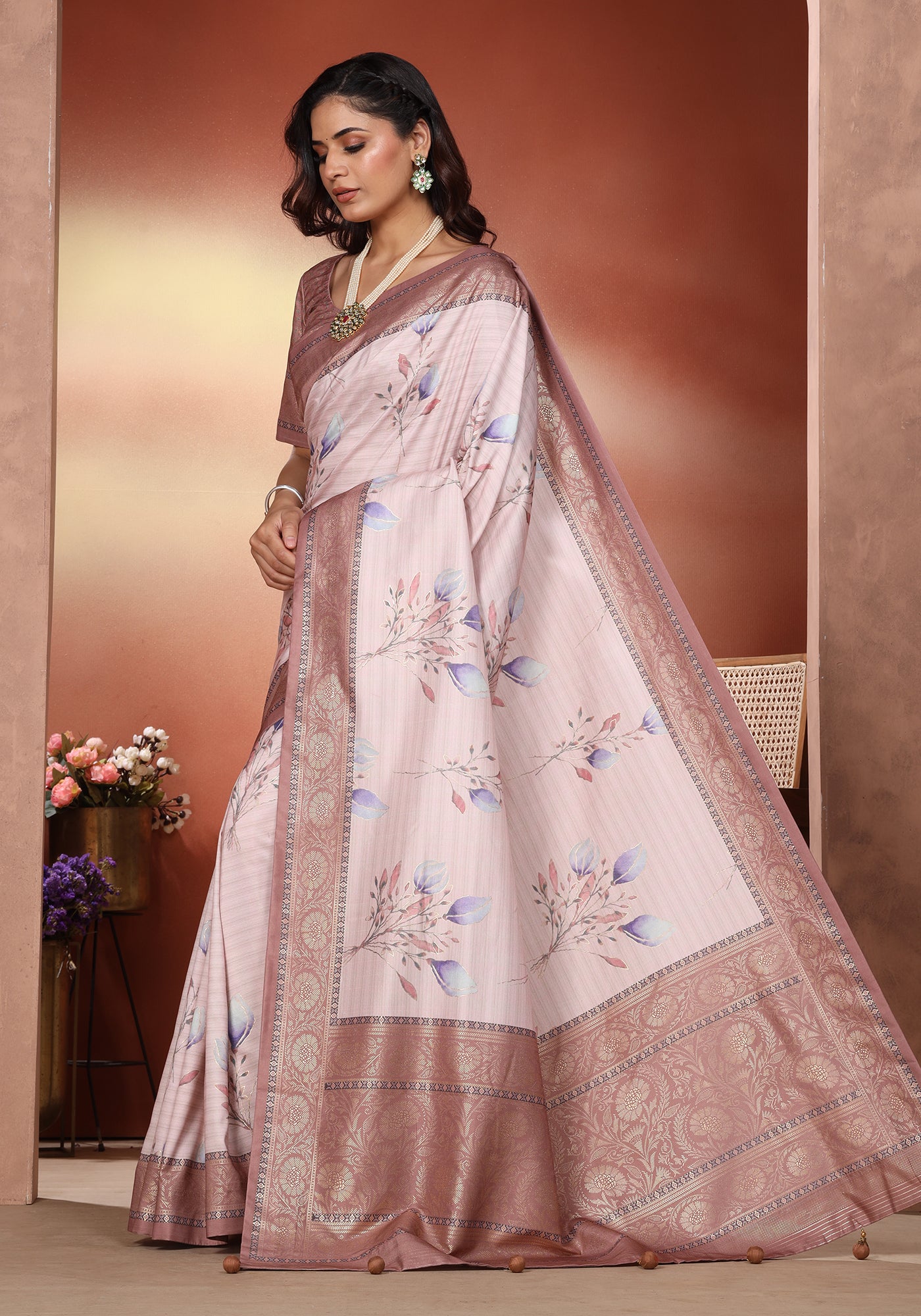 Dola Silk Saree Blush Beige Botanical Print