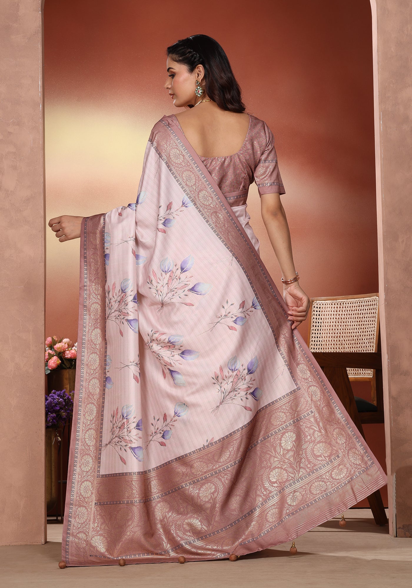 Dola Silk Saree Blush Beige Botanical Print