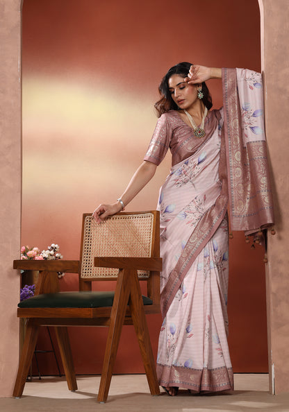 Dola Silk Saree Blush Beige Botanical Print