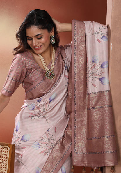 Dola Silk Saree Blush Beige Botanical Print