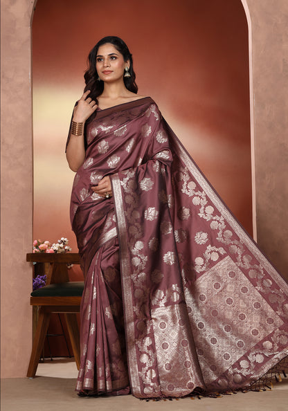 Satin Silk Saree Deep Wine Silver Woven Net