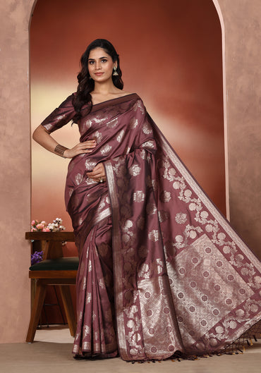 Satin Silk Saree Deep Wine Silver Woven Net