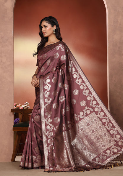 Satin Silk Saree Deep Wine Silver Woven Net