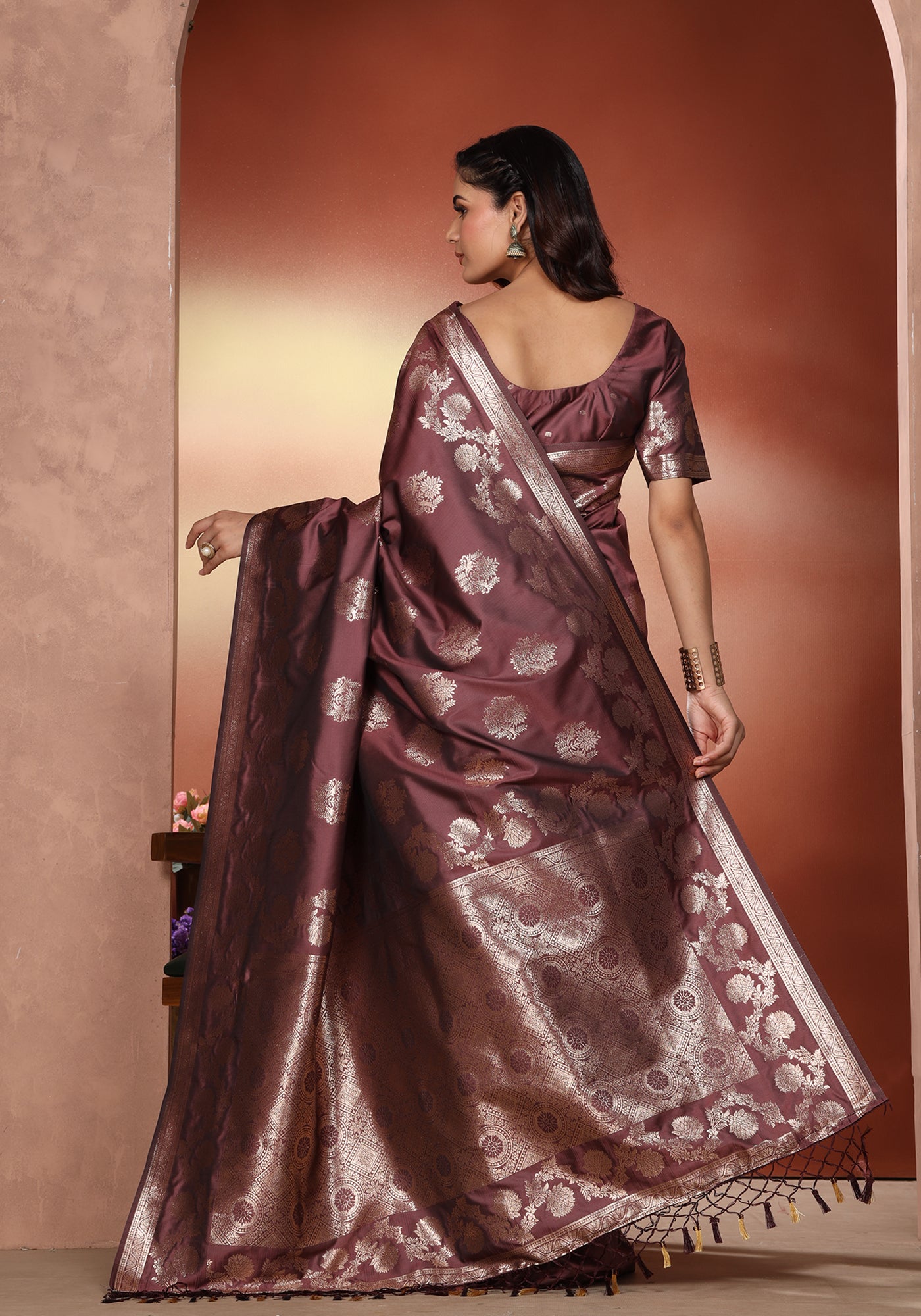 Satin Silk Saree Deep Wine Silver Woven Net